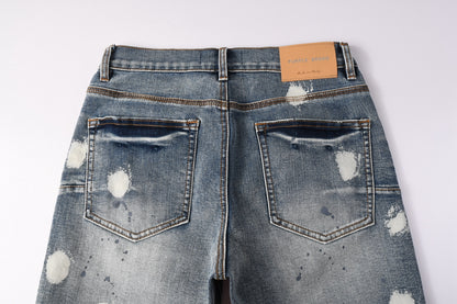 Men Streetwear Denim Shorts Light Blue Wash with Large White Paint Splashes and Speckles 5092