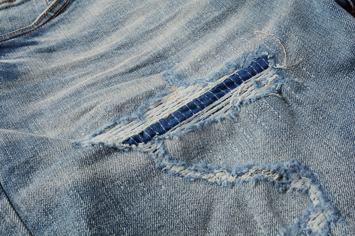 Men Streetwear Denim Shorts Light Blue Wash with Distressed Rips and Contrast Blue Hem 5013