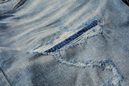 Men Streetwear Denim Shorts Light Blue Wash with Distressed Rips and Contrast Blue Hem 5013