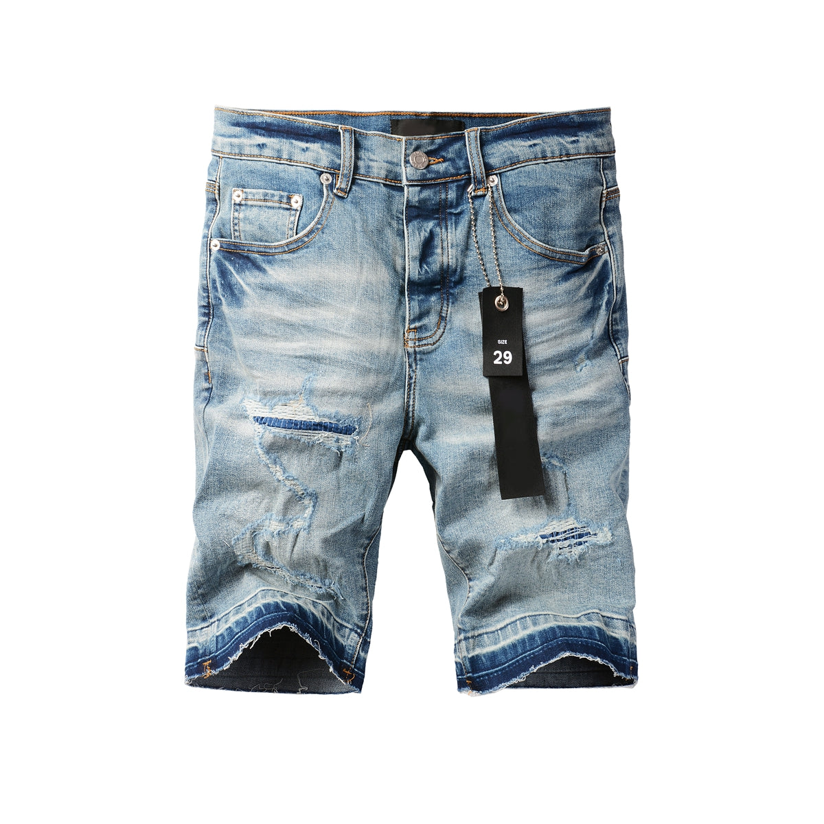 Men Streetwear Denim Shorts Light Blue Wash with Distressed Rips and Contrast Blue Hem 5013