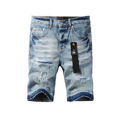 Men Streetwear Denim Shorts Light Blue Wash with Distressed Rips and Contrast Blue Hem 5013