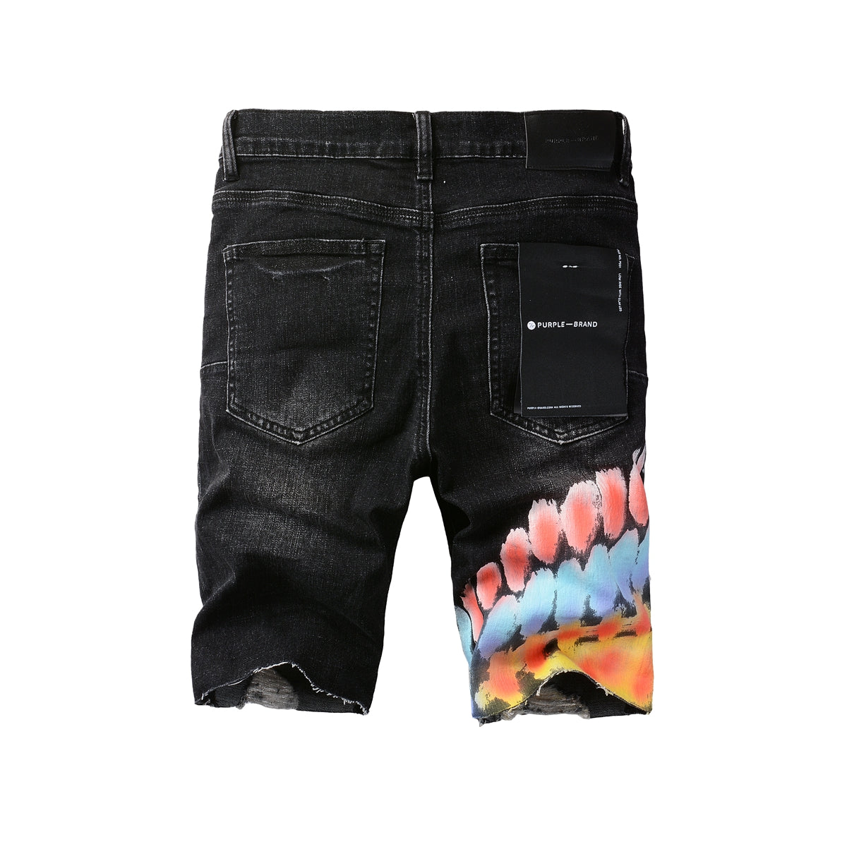 Men Streetwear Denim Shorts Black Wash with Colorful Feather Print and Raw Hem 5085