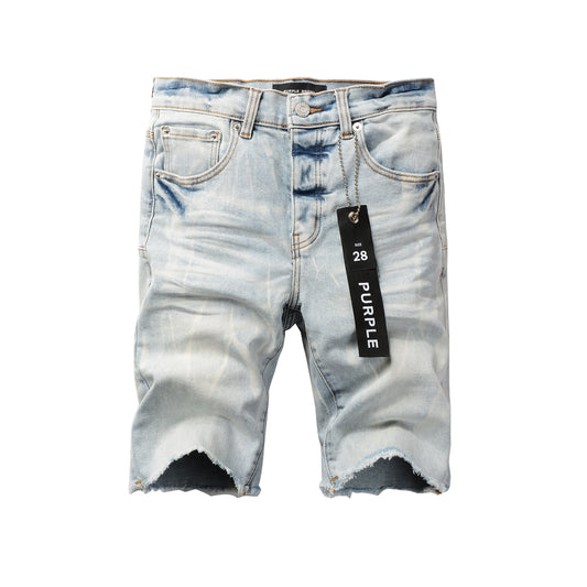 Men Streetwear Denim Shorts Light Blue Wash with Washed Distressed Raw Hem 5017