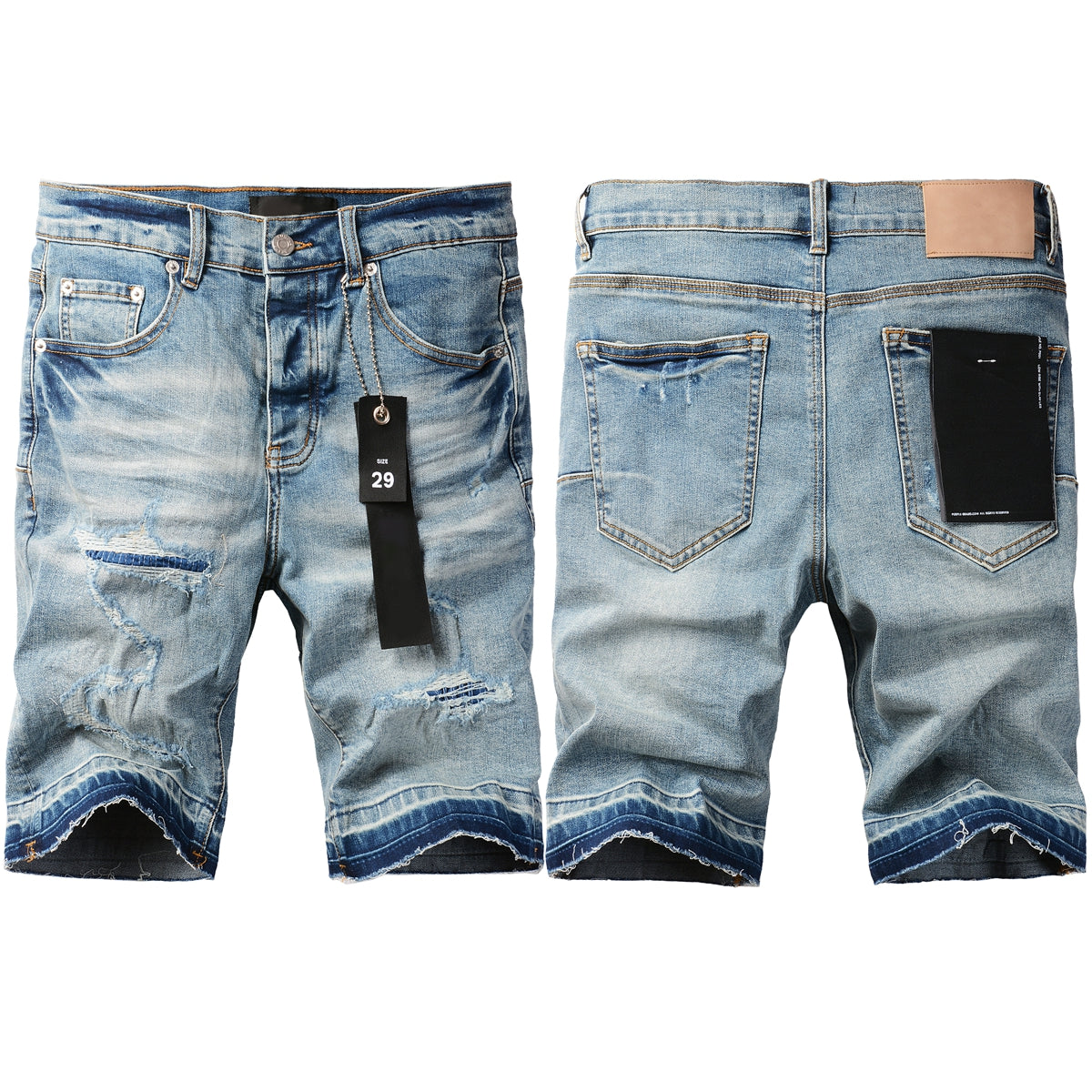 Men Streetwear Denim Shorts Light Blue Wash with Distressed Rips and Contrast Blue Hem 5013