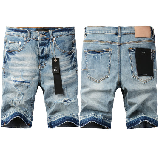 Men Streetwear Denim Shorts Light Blue Wash with Distressed Rips and Contrast Blue Hem 5013