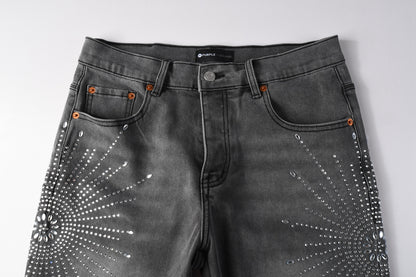 Men Streetwear Grey Denim Shorts with Radial Rhinestone Burst Patterns 5094