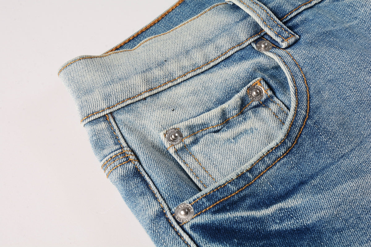 Men Streetwear Denim Shorts Light Blue Wash with Raw Hem and Vintage Finish 5016