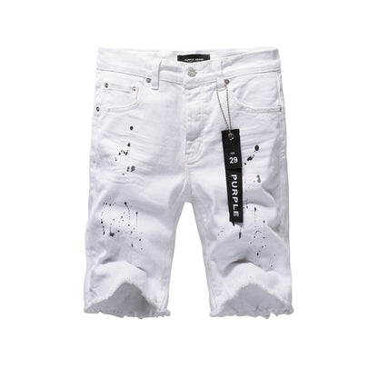 Men Streetwear Denim Shorts White Wash with Black Paint Splatter Print and Raw Hem 5021
