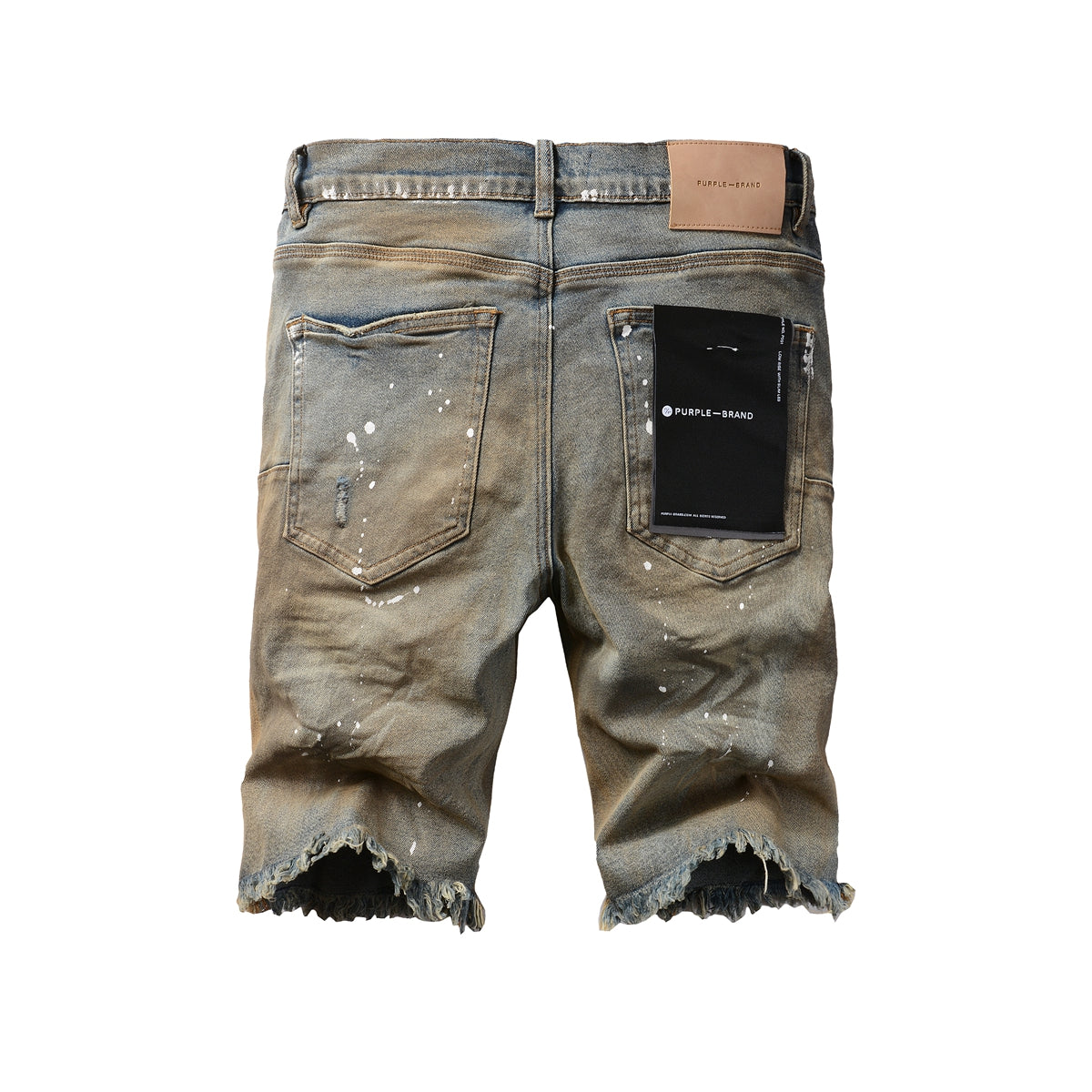 Men Streetwear Denim Shorts Brownish Wash with White Paint Splashes and Distressed Raw Hem 5012
