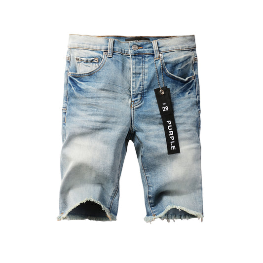 Men Streetwear Denim Shorts Light Blue Wash with Raw Hem and Vintage Finish 5016