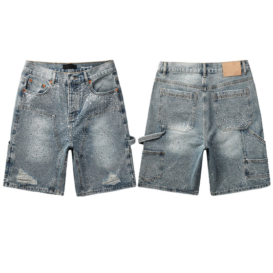 Men Streetwear Cargo Denim Shorts Light Blue Wash with Rhinestone Embellishment and Distressed Details 5097