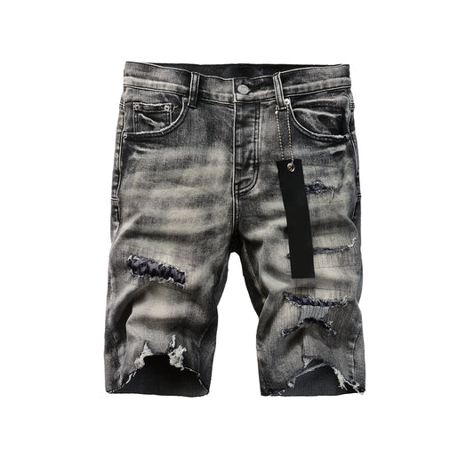 Men Streetwear Denim Shorts Grey Black Wash with Leopard Print Ripped Details and Raw Hem 5068