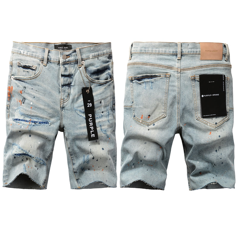 Men Streetwear Denim Shorts Light Blue Wash with Colorful Paint Splashes and Distressed Raw Hem 5071