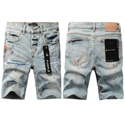 Men Streetwear Denim Shorts Light Blue Wash with Colorful Paint Splashes and Distressed Raw Hem 5071