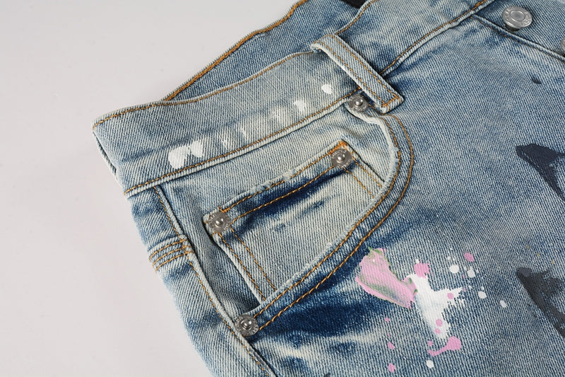 Men Streetwear Denim Shorts Light Blue Wash with Colorful Paint Splashes and Distressed Raw Hem 5066