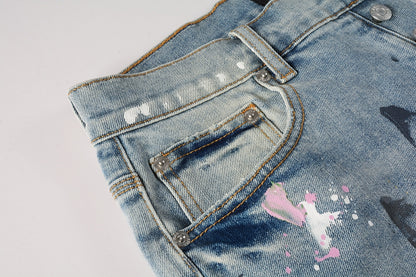 Men Streetwear Denim Shorts Light Blue Wash with Colorful Paint Splashes and Distressed Raw Hem 5066
