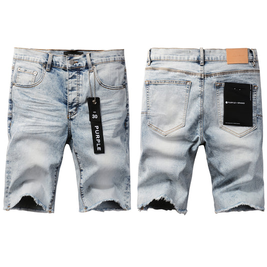 Men Streetwear Denim Shorts Light Blue Wash with Vintage Distressed Raw Hem 5053
