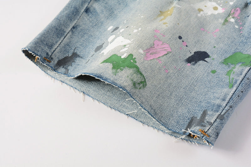 Men Streetwear Denim Shorts Light Blue Wash with Colorful Paint Splashes and Distressed Raw Hem 5066