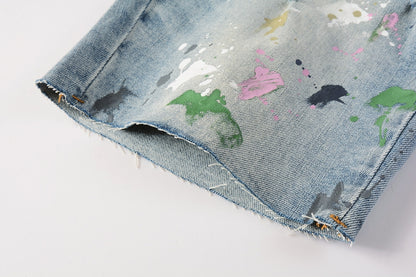 Men Streetwear Denim Shorts Light Blue Wash with Colorful Paint Splashes and Distressed Raw Hem 5066