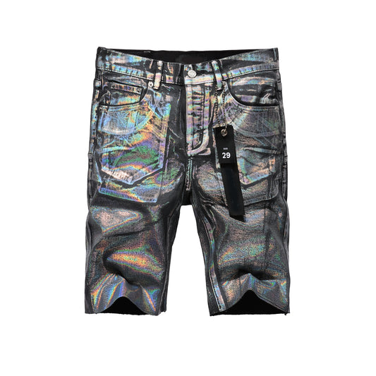 Men Streetwear Denim Shorts Black Wash with Holographic Reflective Finish and Raw Hem 5028