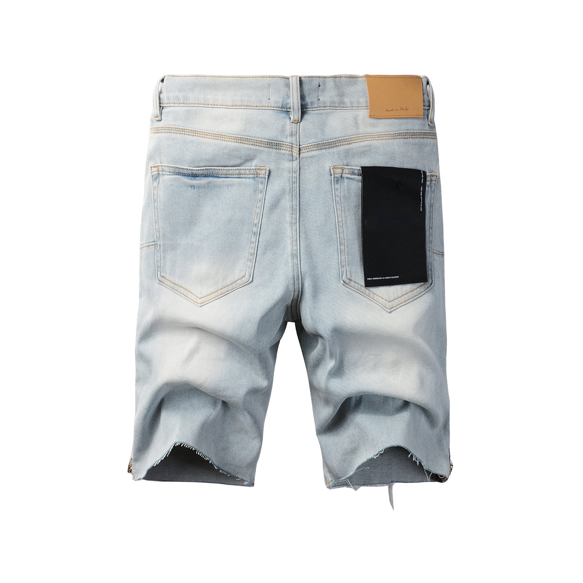 Men Streetwear Denim Shorts Light Blue Wash with Side Zipper and Distressed Raw Hem 5086