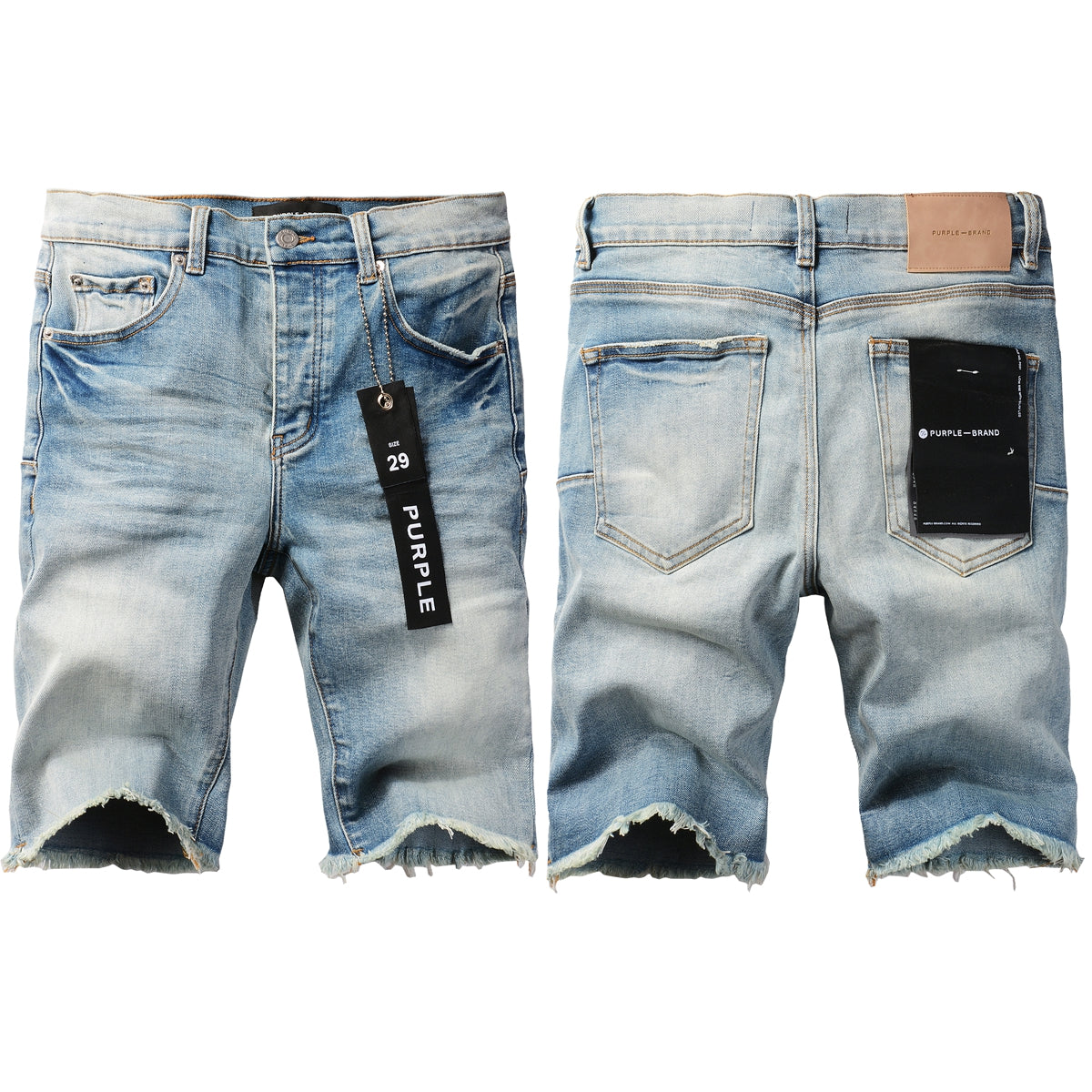 Men Streetwear Denim Shorts Light Blue Wash with Raw Hem and Vintage Finish 5016