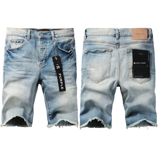 Men Streetwear Denim Shorts Light Blue Wash with Raw Hem and Vintage Finish 5016