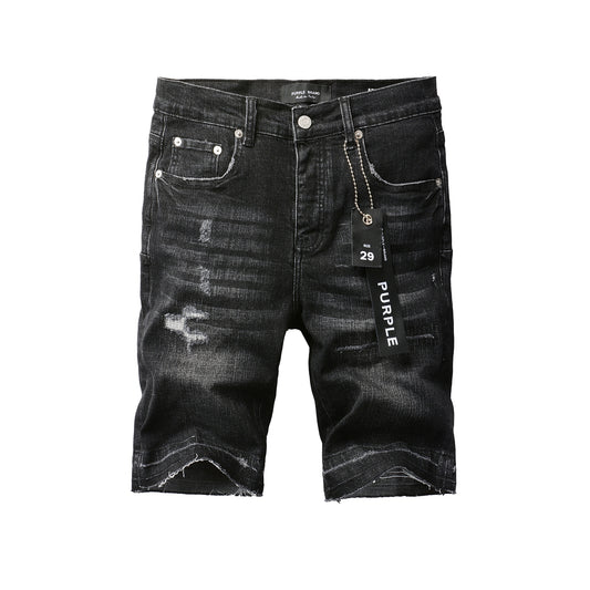 Men Streetwear Denim Shorts Black Wash with Distressed Rips and Raw Hem 5083