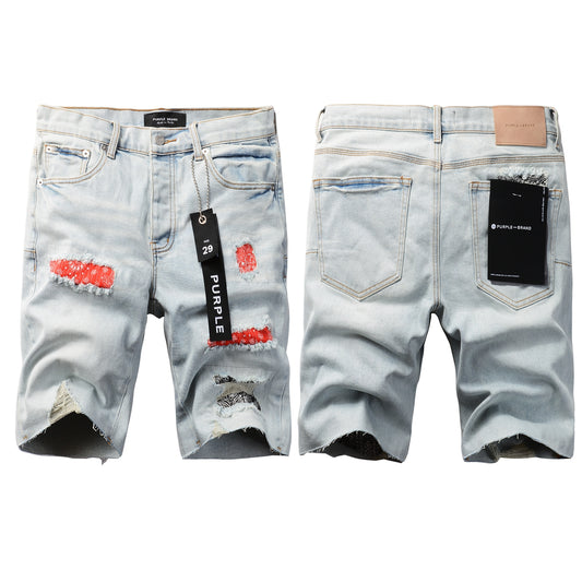 Men Streetwear Denim Shorts Light Blue Wash with Colorful Patched Rips and Raw Hem 5067