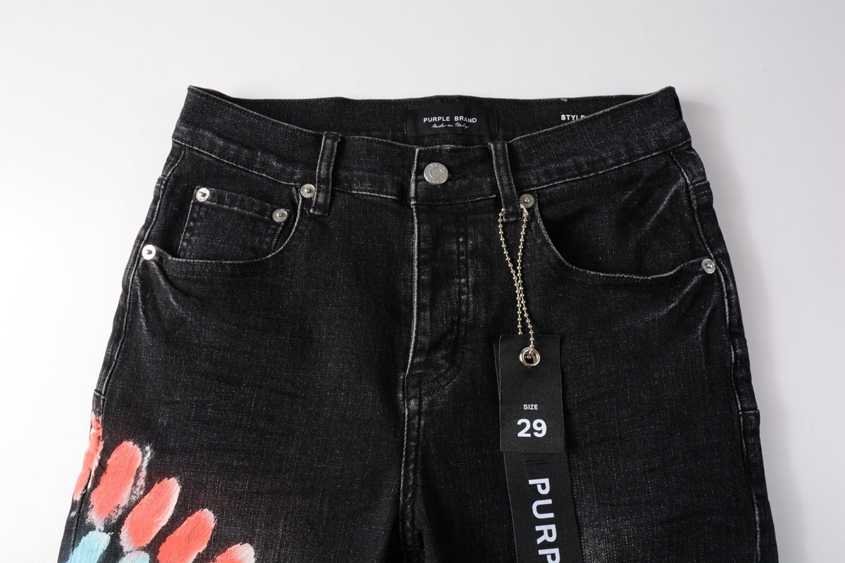Men Streetwear Denim Shorts Black Wash with Colorful Feather Print and Raw Hem 5085
