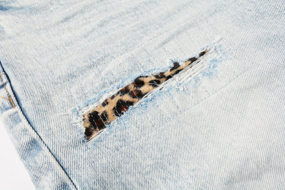 Men Streetwear Denim Shorts Light Blue Wash with Leopard Print Patched Rips 5087