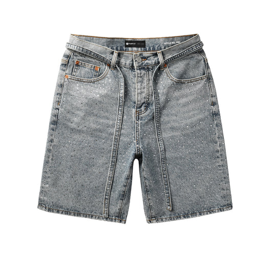 Men Streetwear Straight Denim Shorts Grey Wash with Rhinestone Speckles and Seam Accents 5096