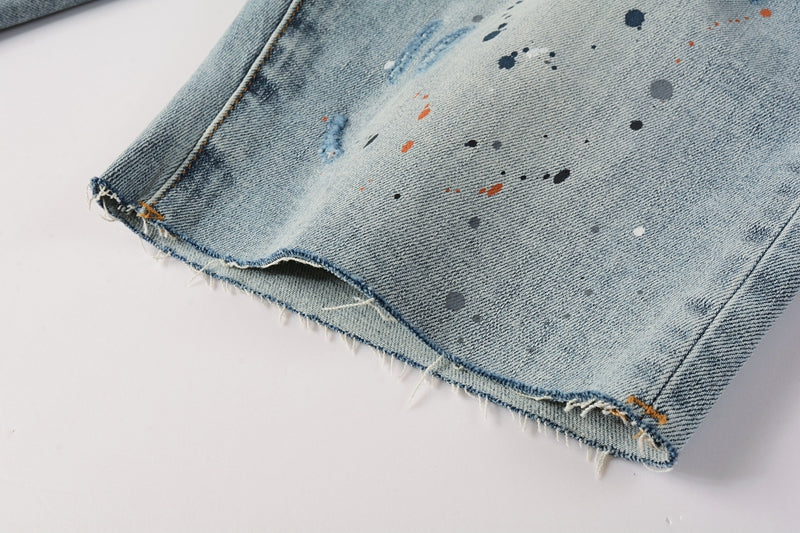Men Streetwear Denim Shorts Light Blue Wash with Colorful Paint Splashes and Distressed Raw Hem 5071