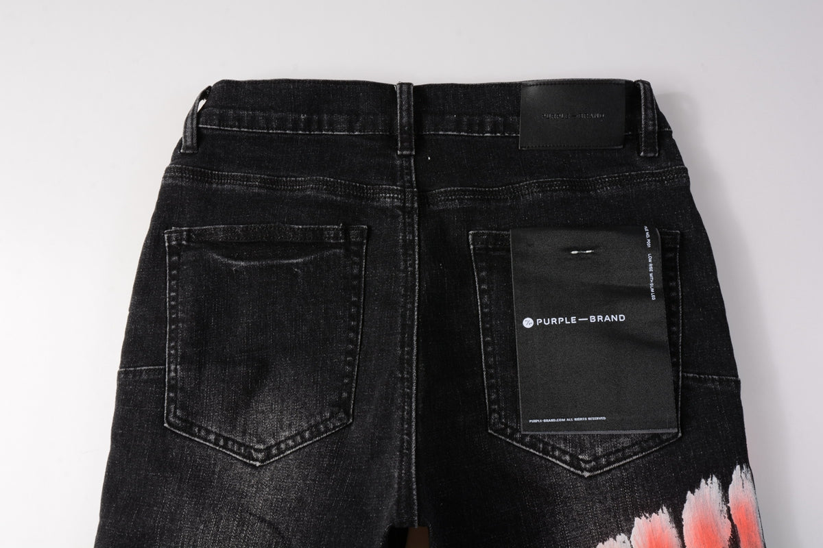 Men Streetwear Denim Shorts Black Wash with Colorful Feather Print and Raw Hem 5085