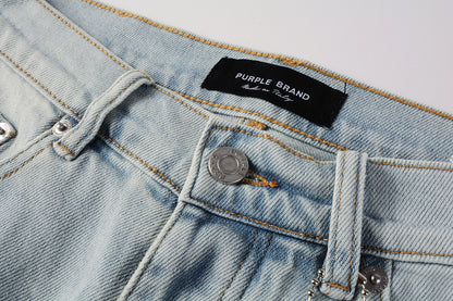 Men Streetwear Denim Shorts Light Blue Wash with Side Zipper and Distressed Raw Hem 5086
