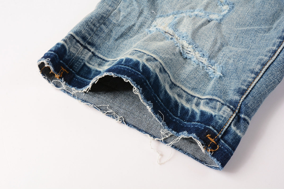 Men Streetwear Denim Shorts Light Blue Wash with Distressed Rips and Contrast Blue Hem 5013