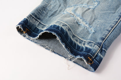 Men Streetwear Denim Shorts Light Blue Wash with Distressed Rips and Contrast Blue Hem 5013