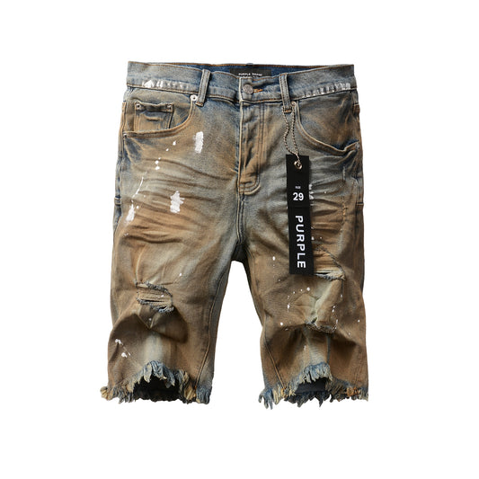 Men Streetwear Denim Shorts Brownish Wash with White Paint Splashes and Distressed Raw Hem 5012