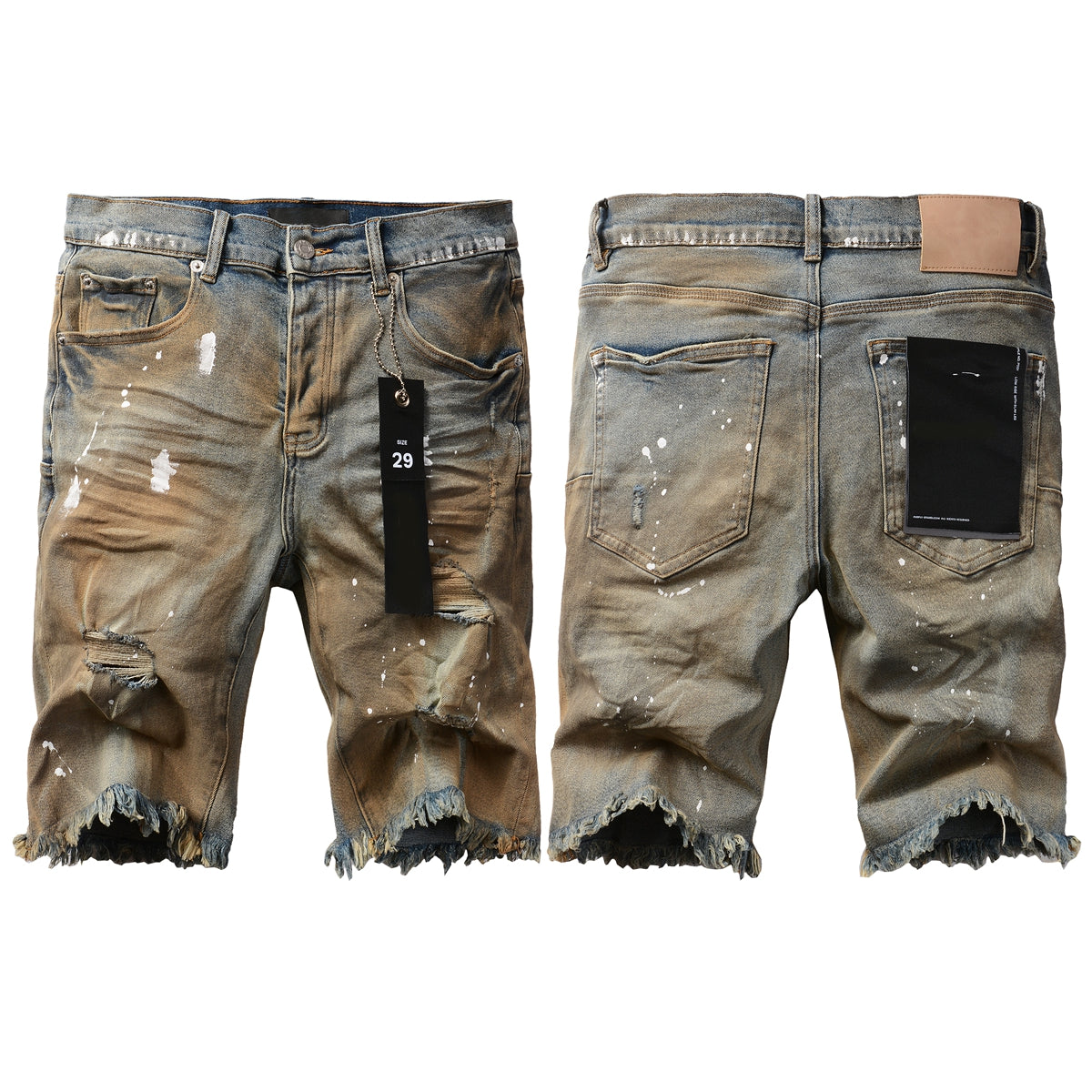 Men Streetwear Denim Shorts Brownish Wash with White Paint Splashes and Distressed Raw Hem 5012
