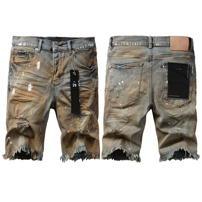 Men Streetwear Denim Shorts Brownish Wash with White Paint Splashes and Distressed Raw Hem 5012