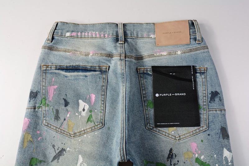 Men Streetwear Denim Shorts Light Blue Wash with Colorful Paint Splashes and Distressed Raw Hem 5066