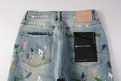 Men Streetwear Denim Shorts Light Blue Wash with Colorful Paint Splashes and Distressed Raw Hem 5066