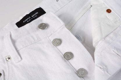 Men Streetwear Denim Shorts White Wash with Black Paint Splatter Print and Raw Hem 5021