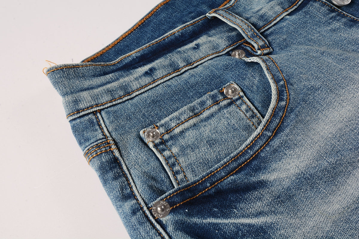 Men Streetwear Denim Shorts Light Blue Wash with Distressed Rips and Contrast Blue Hem 5013