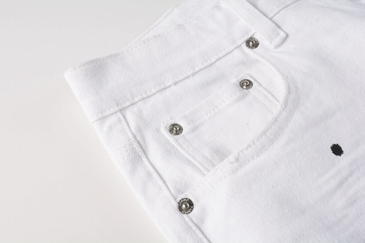 Men Streetwear Denim Shorts White Wash with Black Paint Splatter Print and Raw Hem 5021
