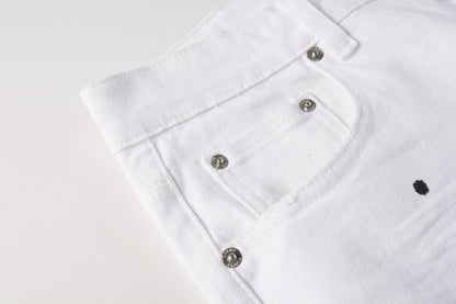 Men Streetwear Denim Shorts White Wash with Black Paint Splatter Print and Raw Hem 5021