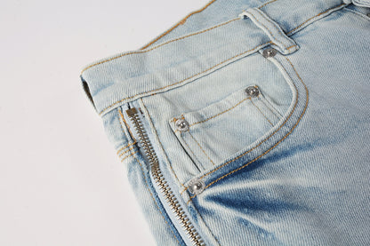 Men Streetwear Denim Shorts Light Blue Wash with Side Zipper and Distressed Raw Hem 5086