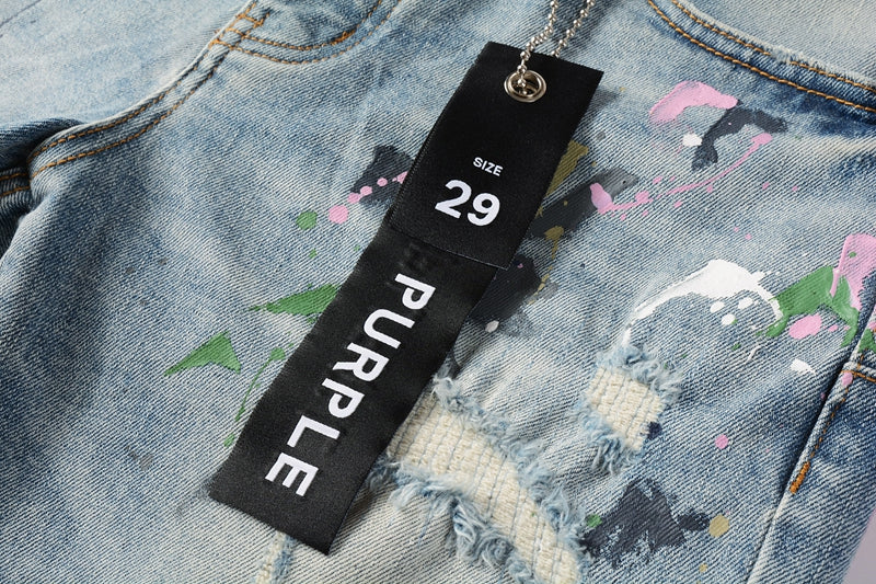 Men Streetwear Denim Shorts Light Blue Wash with Colorful Paint Splashes and Distressed Raw Hem 5066