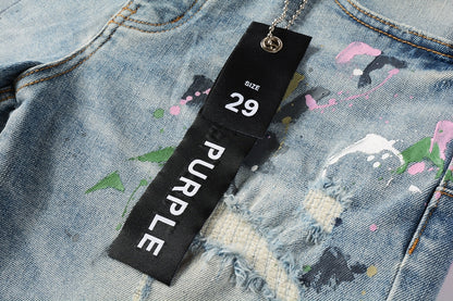 Men Streetwear Denim Shorts Light Blue Wash with Colorful Paint Splashes and Distressed Raw Hem 5066